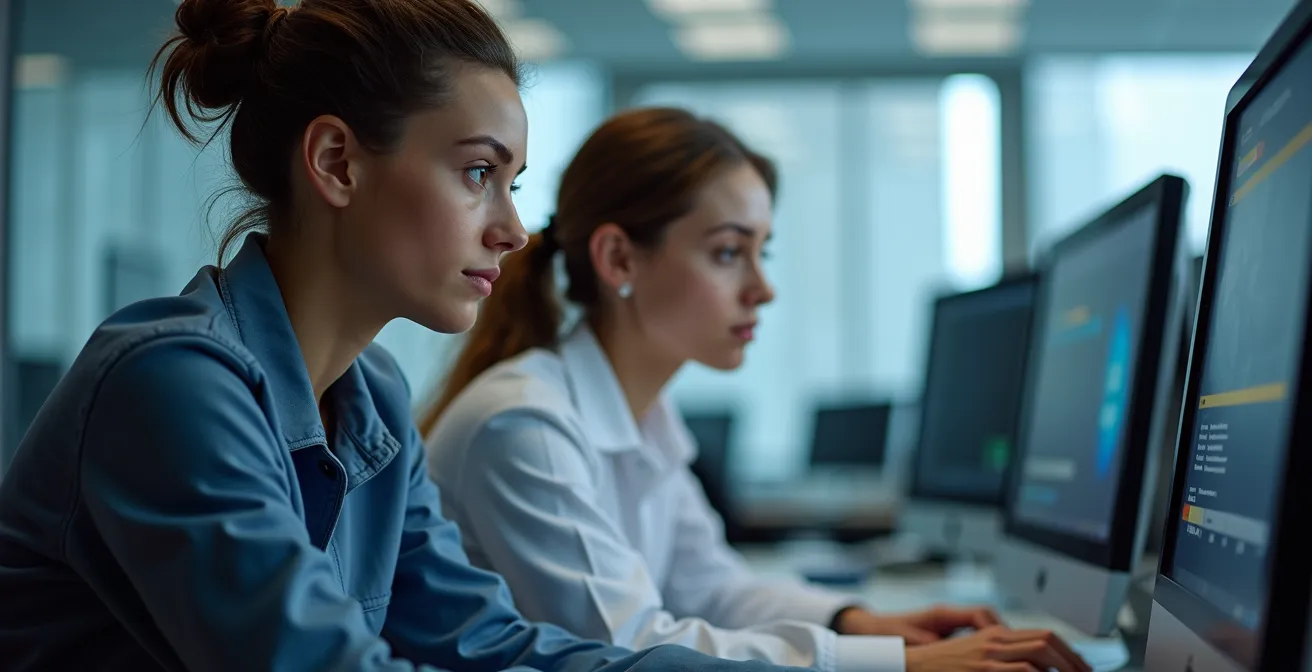 Techniciens en intelligence artificielle travaillant sur des systèmes d'apprentissage automatique dans un laboratoire moderne