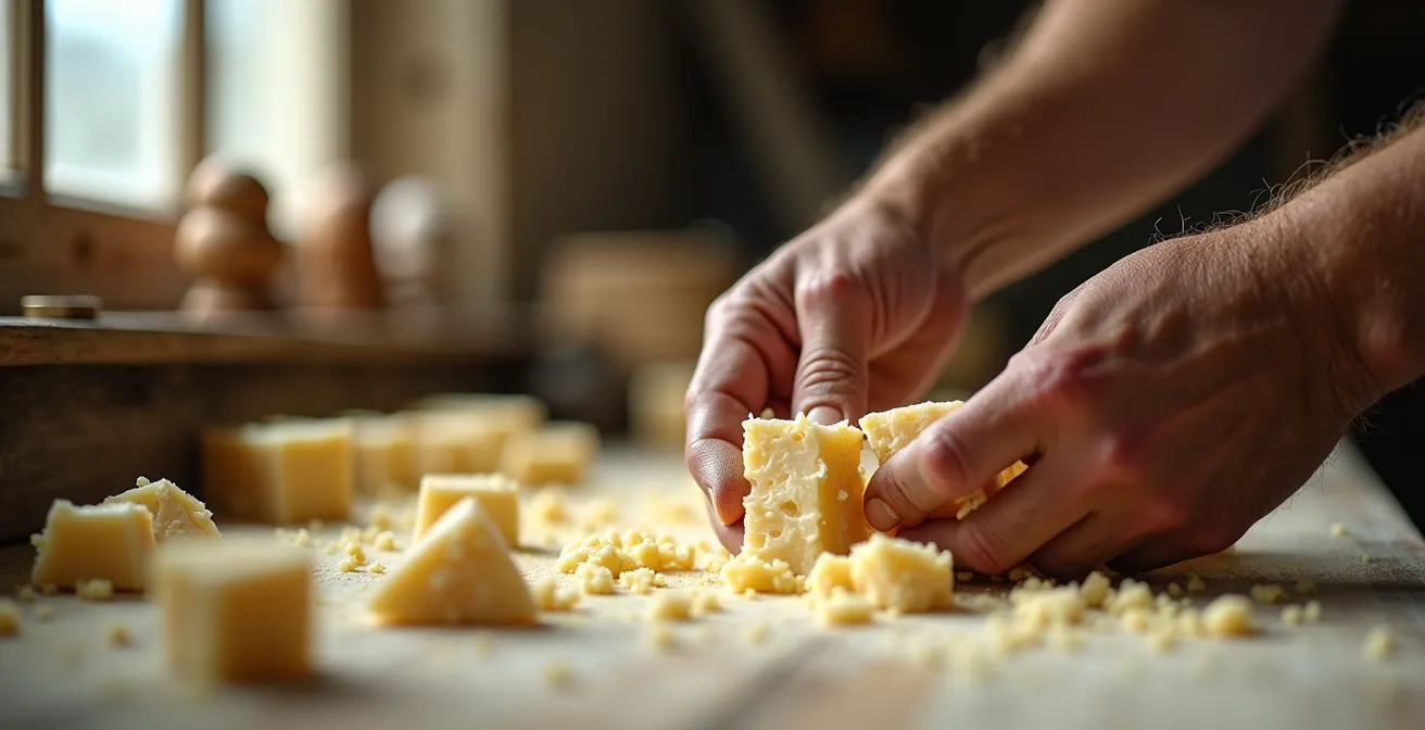 Gros plan sur des mains d'artisan travaillant le fromage dans une fromagerie traditionnelle de Charlevoix