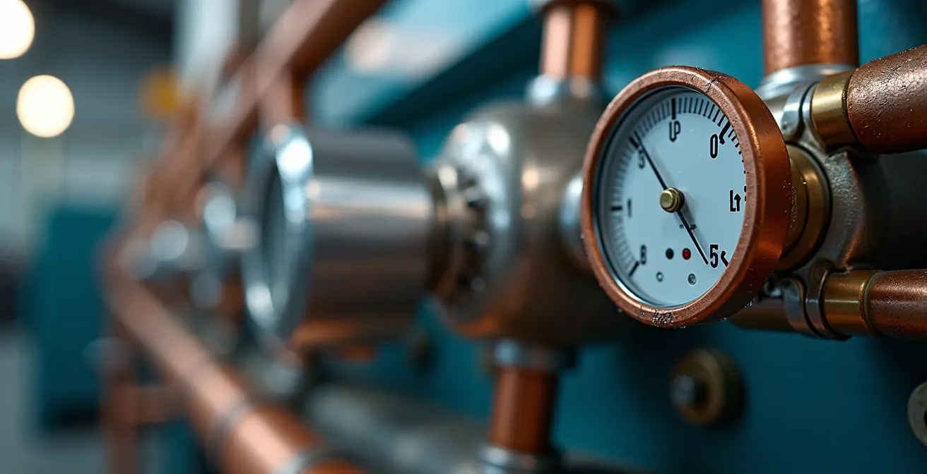 Installation de thermopompe industrielle moderne dans une usine québécoise avec tuyauterie complexe et systèmes de contrôle