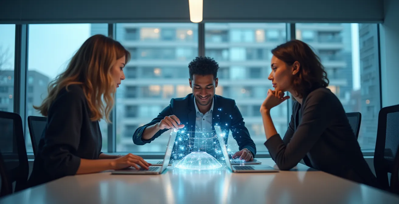 Employés québécois collaborant avec des outils d'IA dans un bureau moderne de Montréal