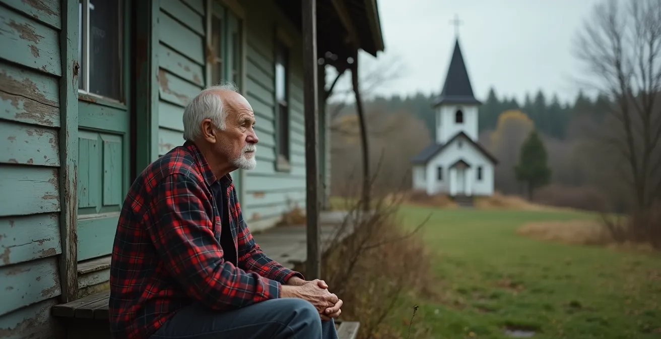 Maison patrimoniale abandonnée dans un village québécois avec nature reprenant ses droits