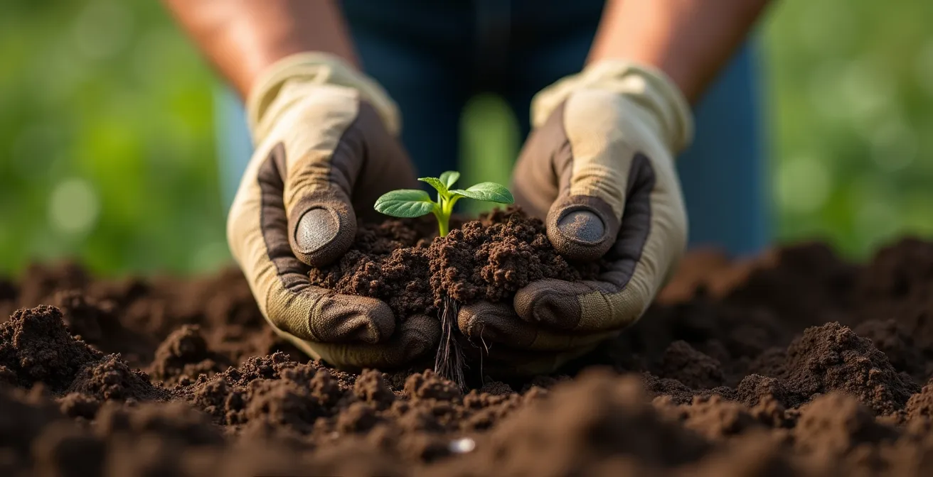 Vue macro de mains travaillant la terre dans une ferme biologique québécoise