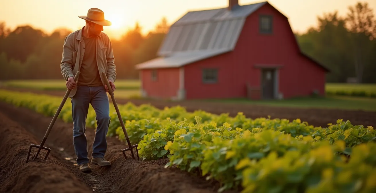 Agriculteur québécois travaillant sa terre avec des outils manuels dans un champ biologique