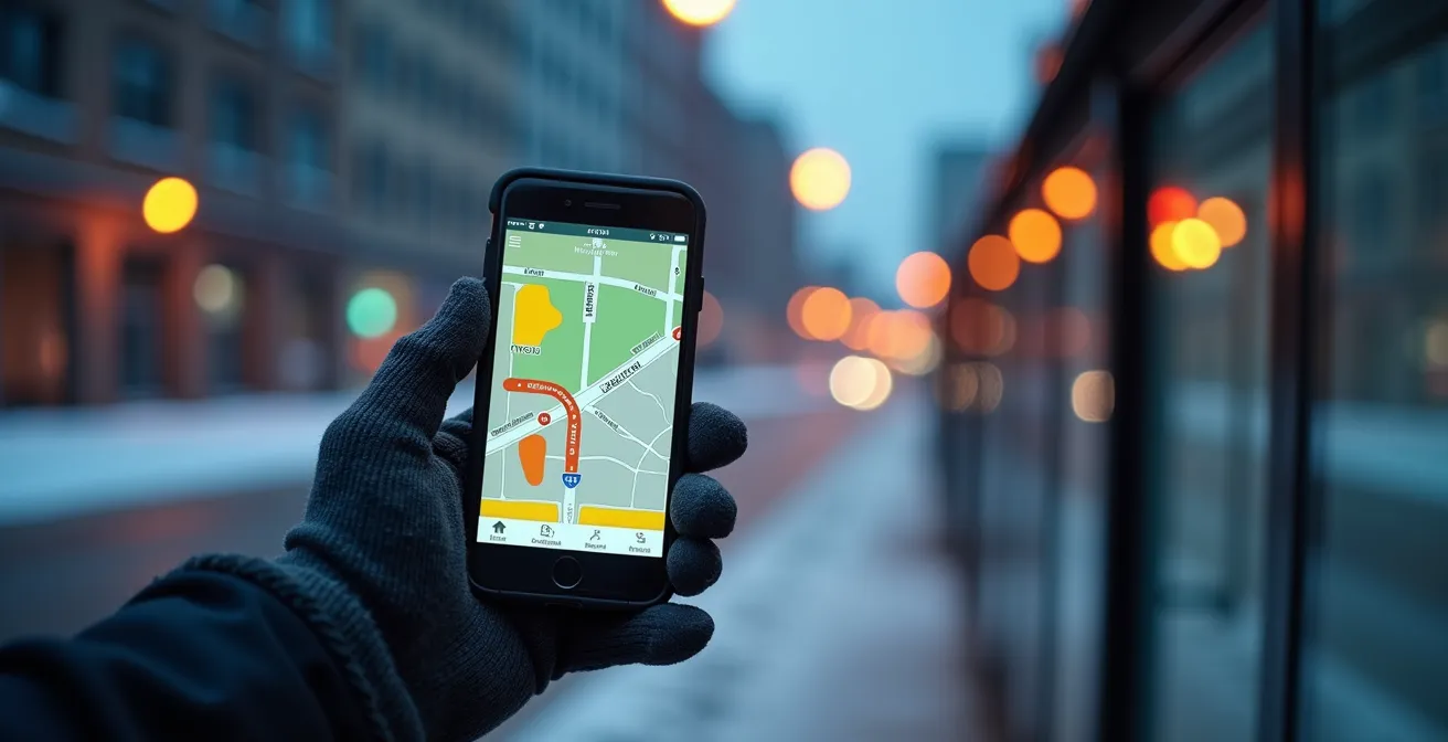 Gros plan sur une main tenant un smartphone montrant une carte de transport avec bus en approche, arrêt de bus flou en arrière-plan
