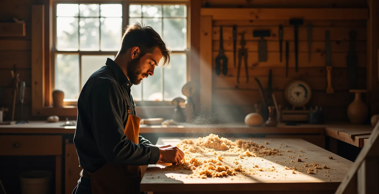 Artisan concentré sculpant du bois dans un atelier canadien traditionnel