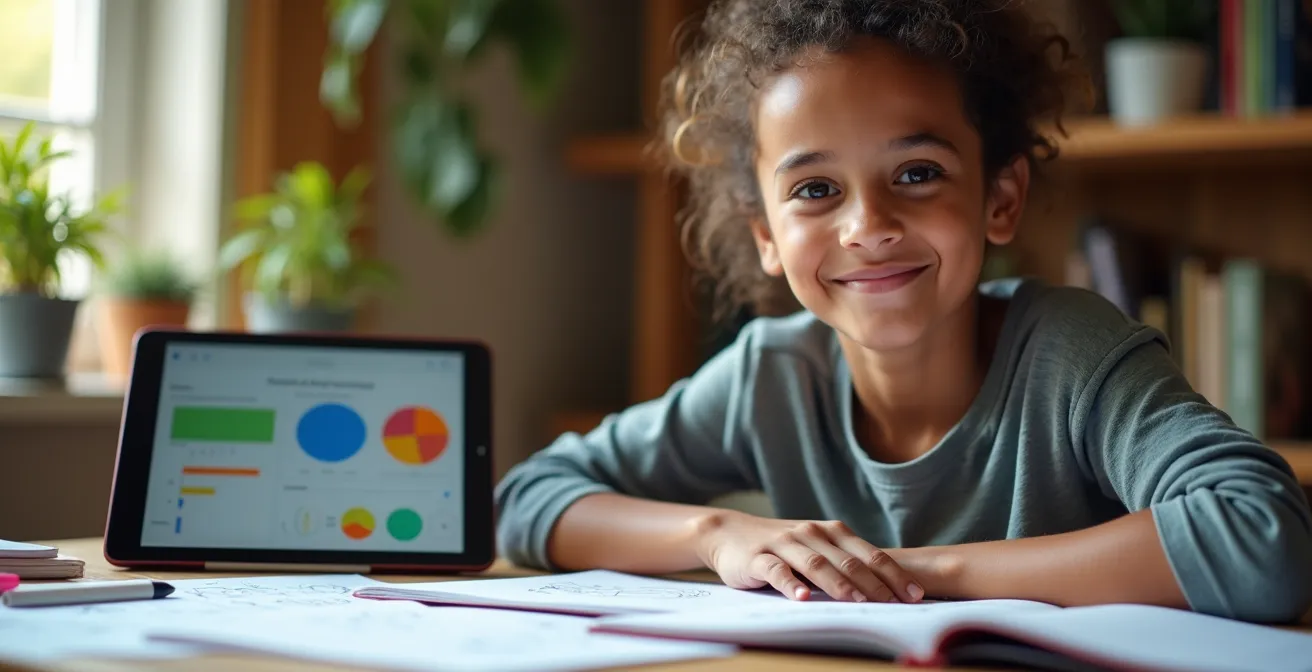 Personne adulte entourée d'outils d'apprentissage variés dans un espace lumineux