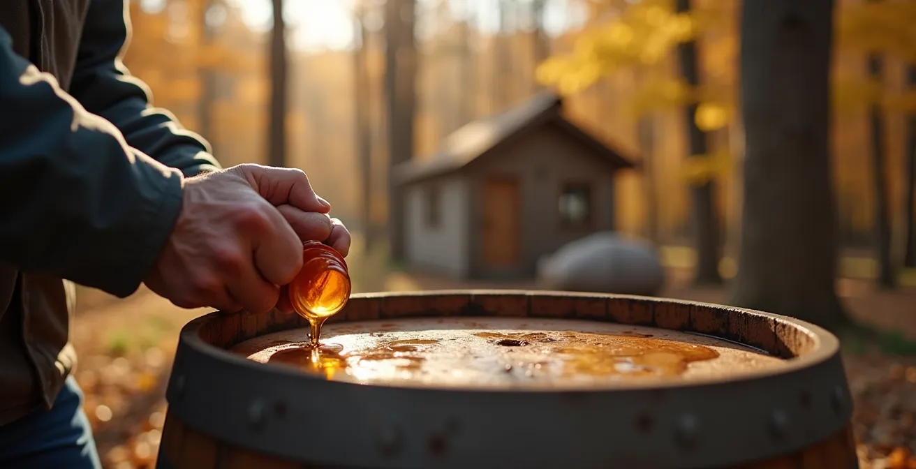 Vue rapprochée d'un baril de sirop d'érable avec érablière floue en arrière-plan
