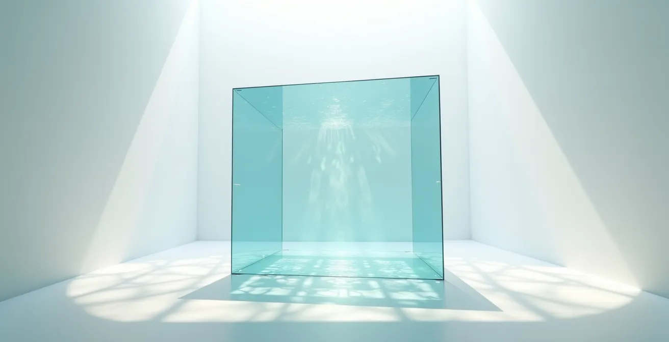 Vue minimaliste d'un cube translucide flottant dans un espace épuré avec des réflexions lumineuses révélant des structures internes complexes
