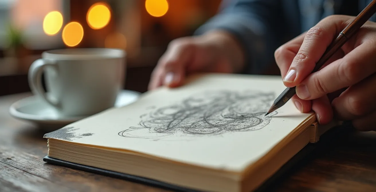 Main tenant un carnet de croquis dans un café typiquement canadien avec tasse de café
