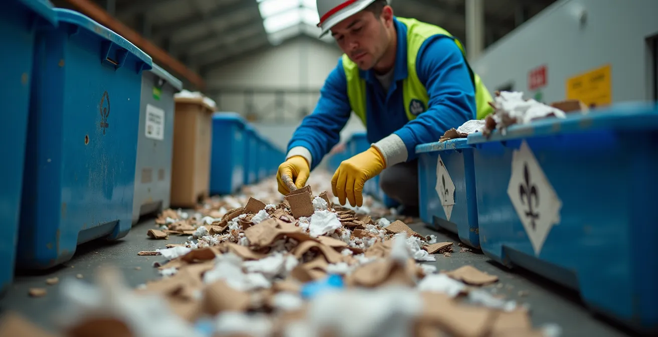 Centre de tri québécois montrant la contamination des matières recyclables et le tri manuel par les travailleurs