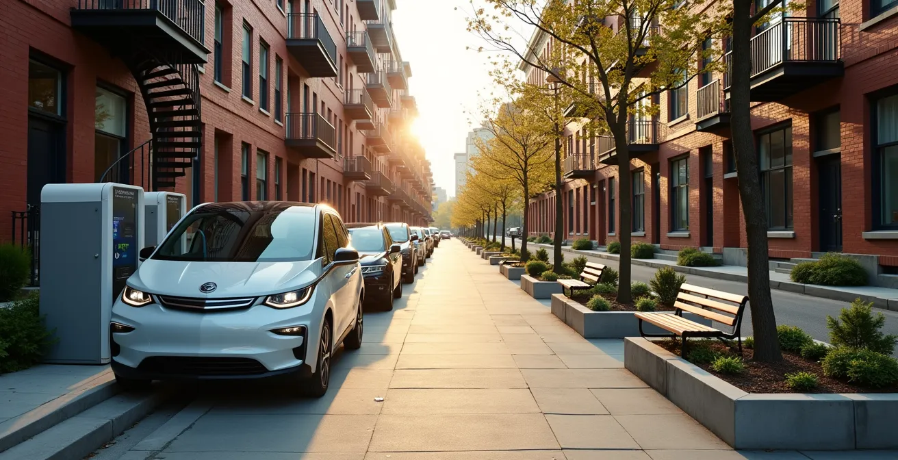 Vue en plongée d'une rue montréalaise montrant une station d'autopartage avec plusieurs véhicules partagés et des espaces de stationnement libérés transformés en espace vert