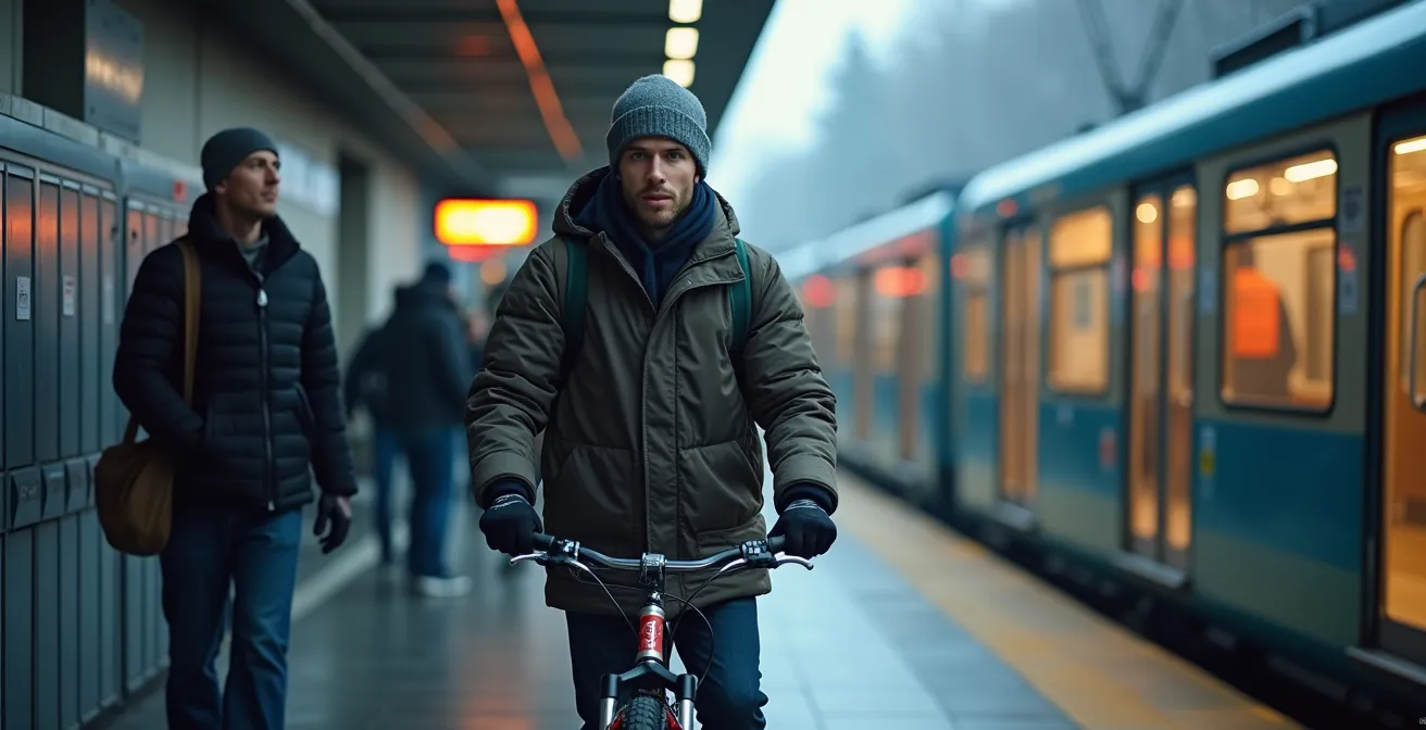 Scène urbaine hivernale montrant une gare moderne avec des cyclistes, des piétons et un train électrique en arrière-plan