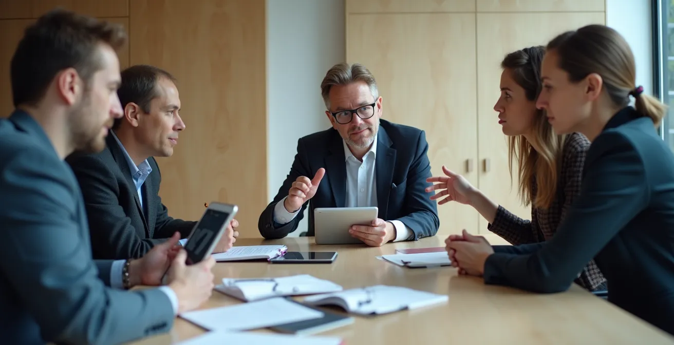 Chercheurs en discussion animée autour d'une table de réunion dans un contexte académique québécois