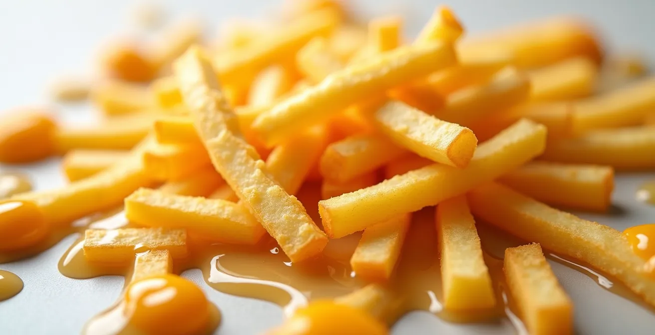 Vue macro d'un réseau de neurones artificiels composé d'ingrédients de poutine québécoise illuminés