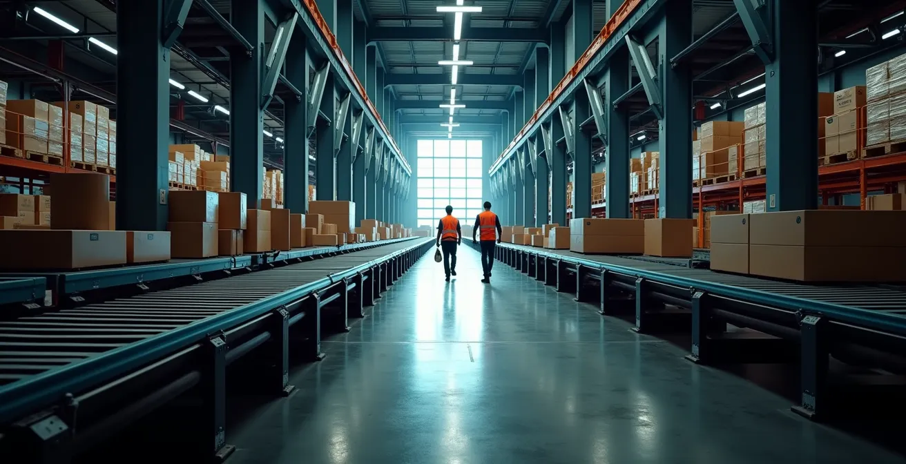 Vue intérieure d'un entrepôt moderne avec convoyeurs automatisés et éclairage industriel