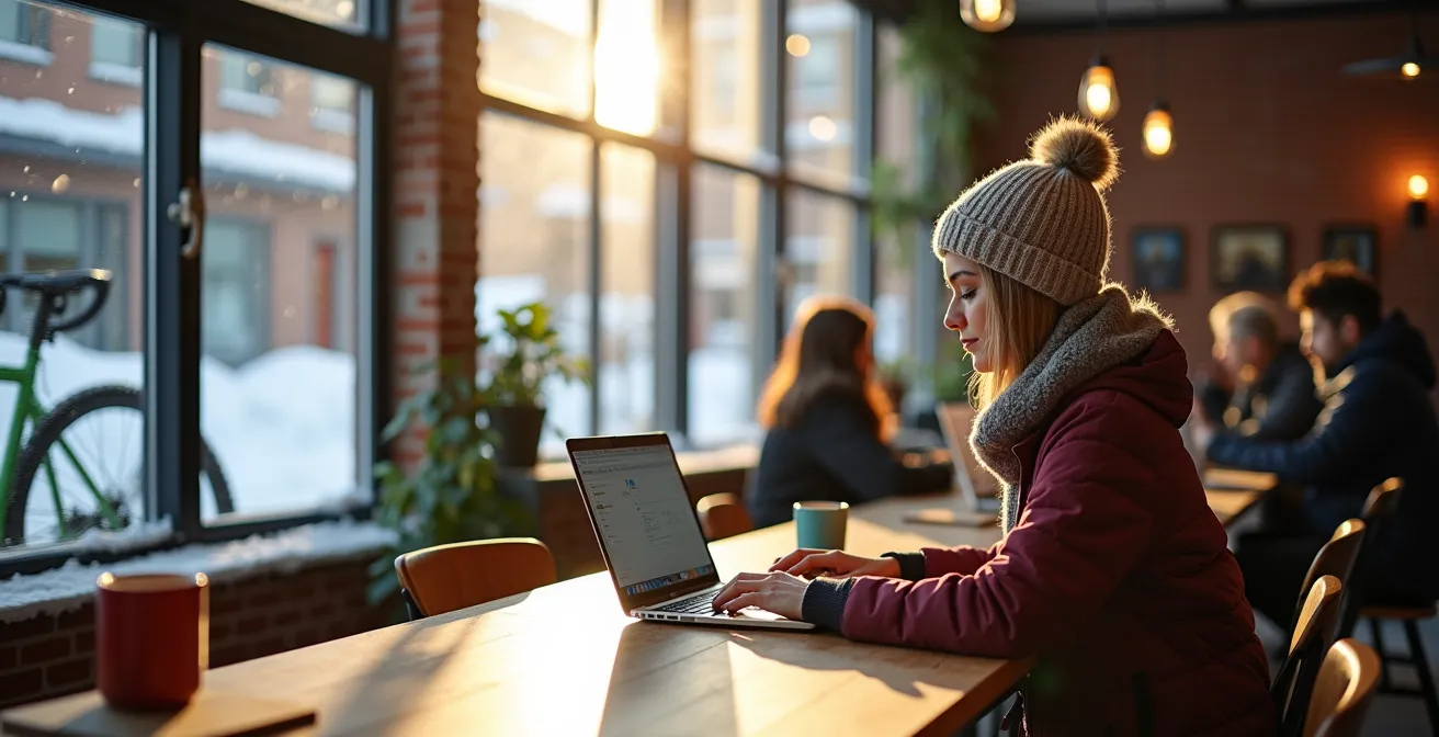 Intérieur chaleureux d'un espace de coworking avec grandes fenêtres donnant sur une rue enneigée