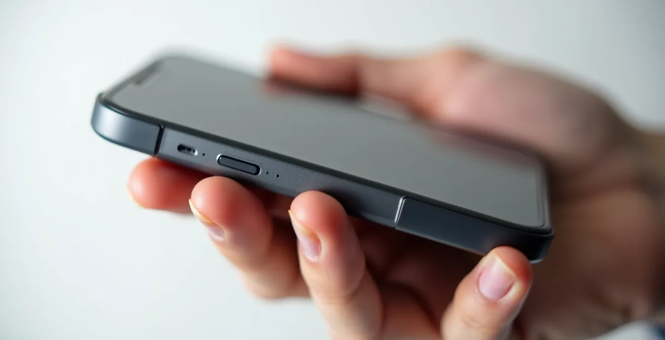 Mains tenant un smartphone montrant des icônes abstraites colorées représentant différents aspects du bien-être mental