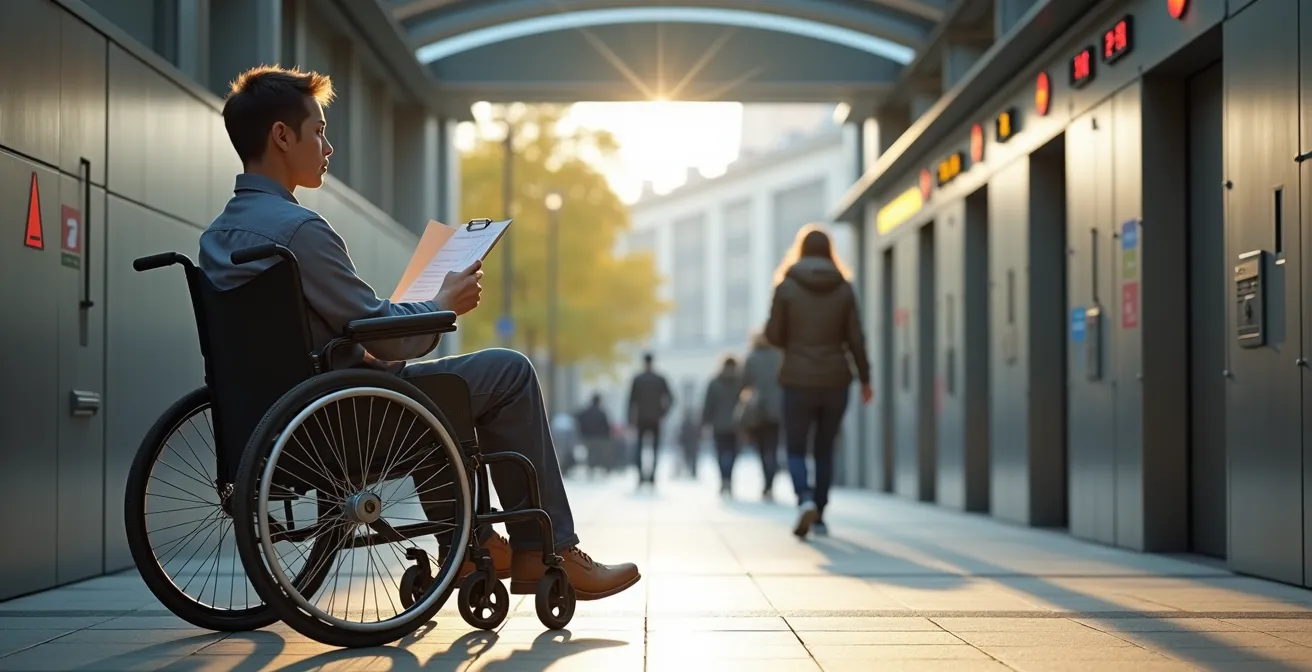 Personne en fauteuil roulant évaluant l'accessibilité d'une station de métro avec une checklist