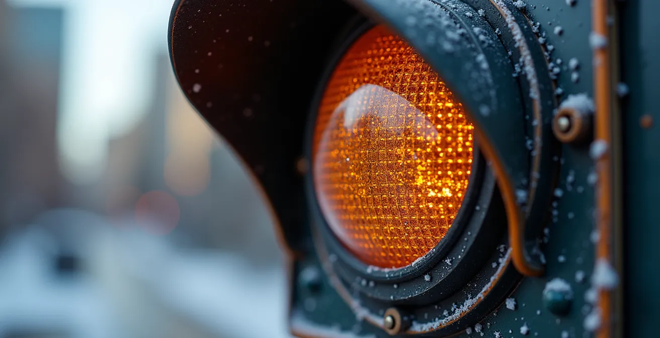 Vue macro d'un feu de circulation avec système de détection pour bus, détails techniques des capteurs et connexions