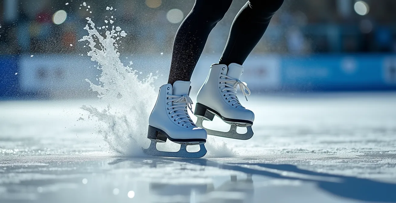 Gros plan sur la glace projetée par la lame d'un patin artistique lors d'un saut, capturant la précision et l'art du mouvement.