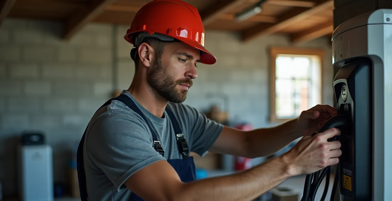 Électricien certifié installant une borne de recharge murale dans un garage québécois