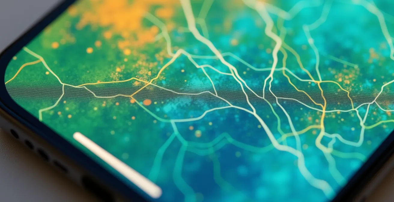 Vue macro d'un écran de smartphone montrant une carte avec différents modes de transport représentés par des icônes colorées et des trajets optimisés