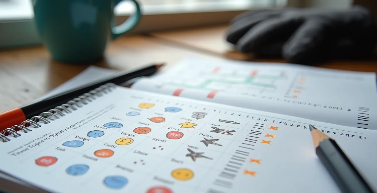 Vue macro sur un carnet de bord de mobilité ouvert montrant des graphiques colorés et annotations manuscrites