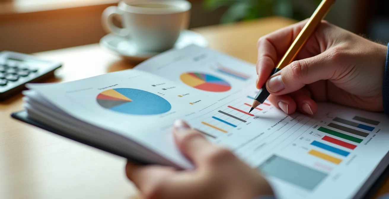 Main tenant un carnet de suivi des déplacements avec des graphiques colorés et une calculatrice, sur un bureau en bois