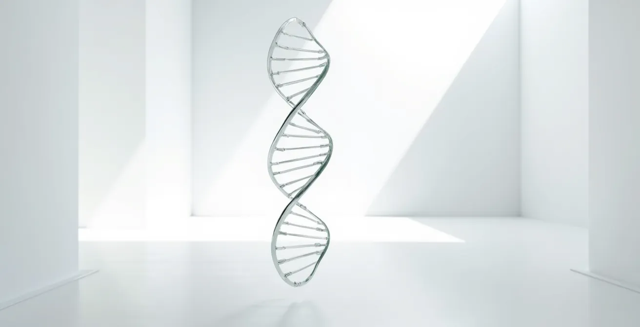Vue abstraite de brins d'ADN lumineux flottant dans un espace minimaliste représentant l'analyse génomique