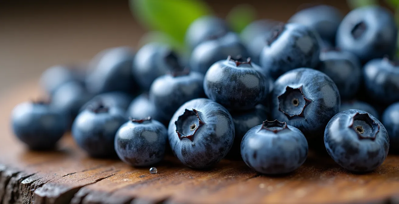 Gros plan macro sur un arrangement de bleuets du Lac-Saint-Jean avec des variations de teintes et de tailles