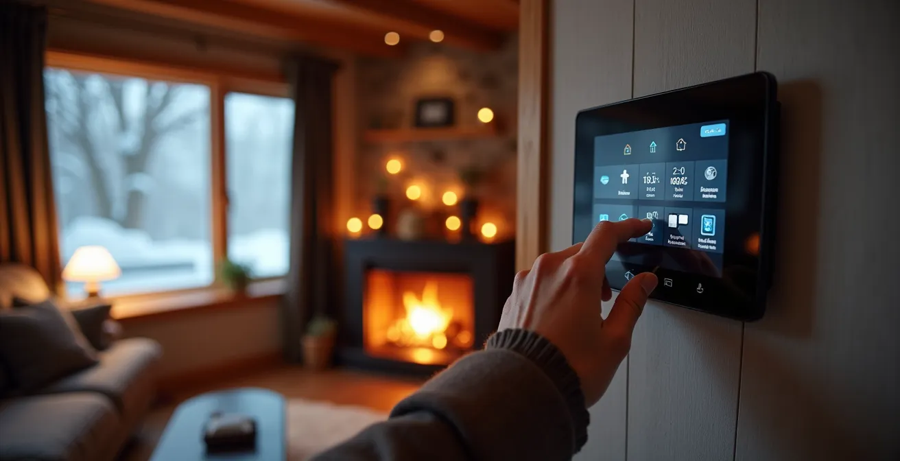 Salon québécois moderne en hiver avec système de chauffage intelligent visible et fenêtre montrant la neige