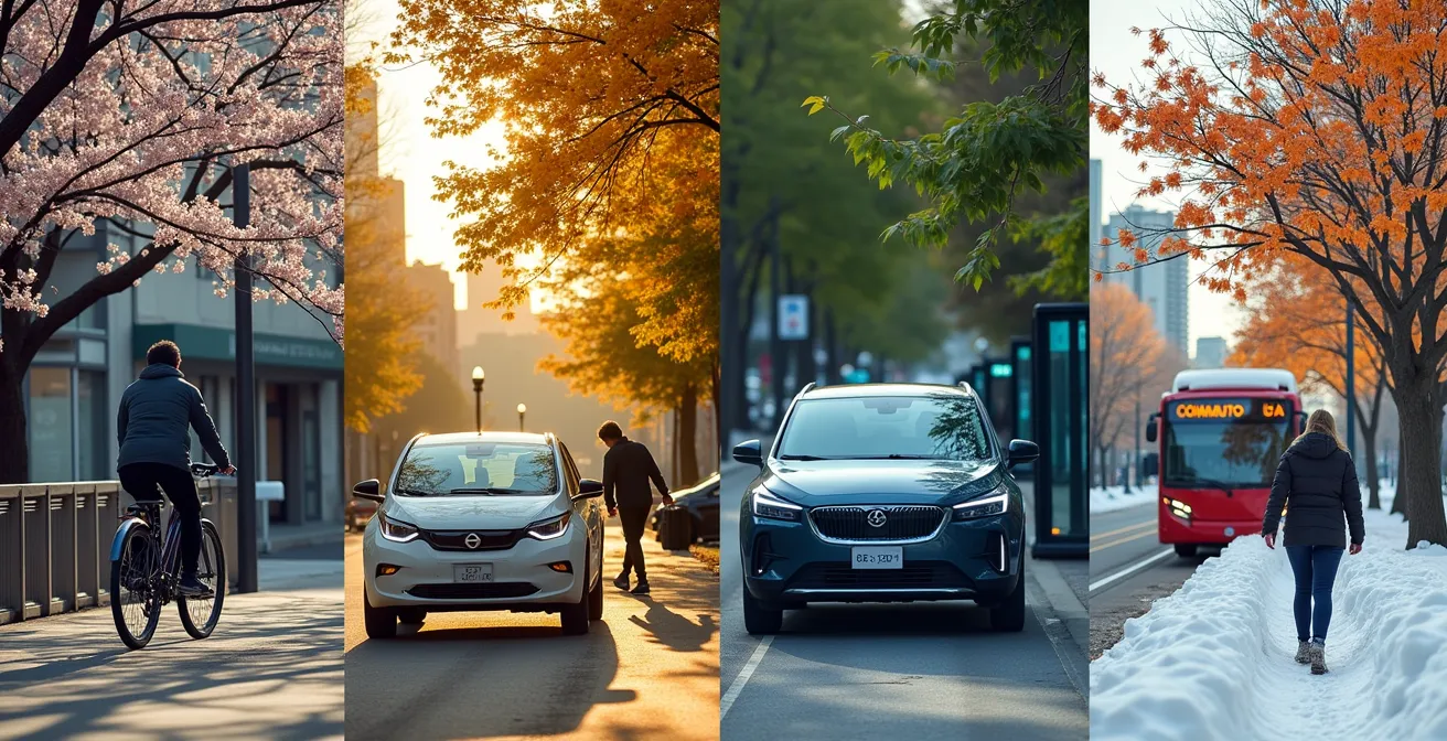 Montage quatre saisons montrant différents modes de transport durables à Montréal : vélo au printemps, autopartage en été, métro en automne et bus en hiver.