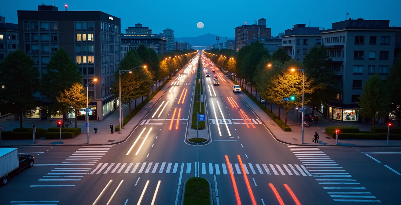 Intersection urbaine moderne à Montréal avec infrastructure intelligente et flux de circulation optimisé
