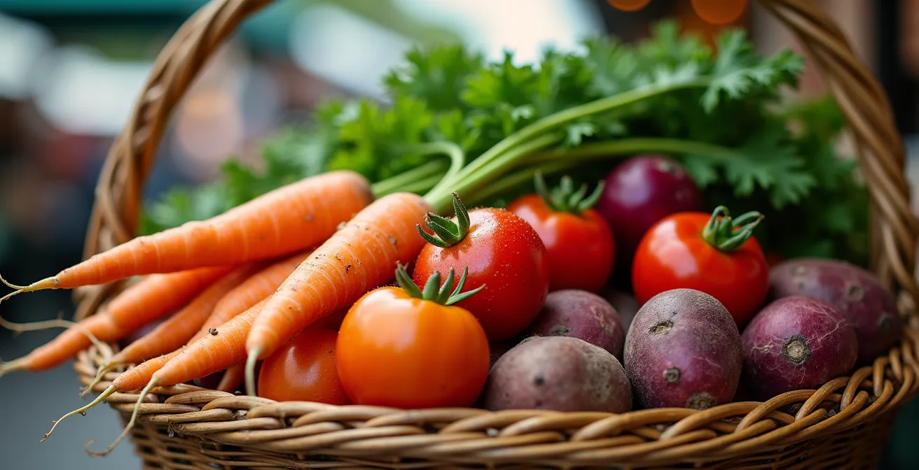 Panier débordant de légumes biologiques colorés au marché Jean-Talon de Montréal