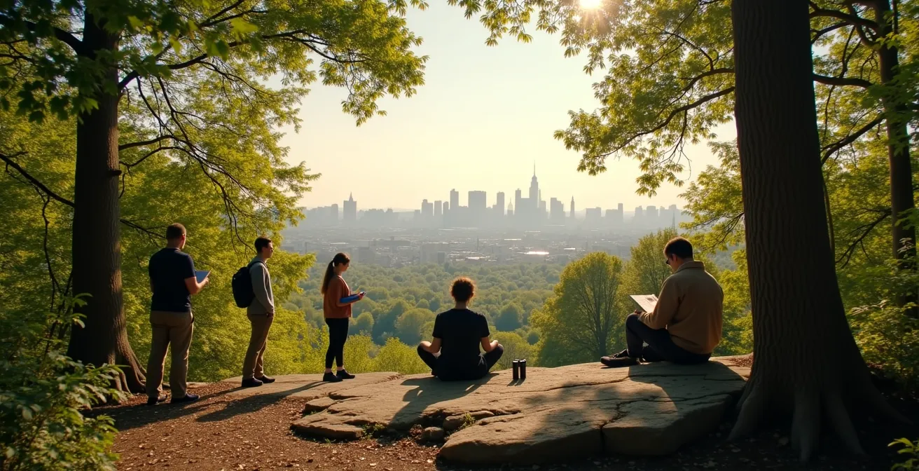 Vue contemplative du parc du Mont-Royal avec visiteurs observant la nature en silence