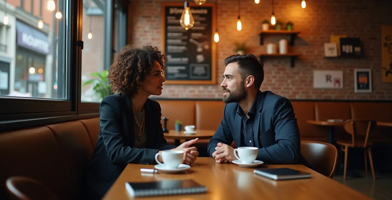Deux personnes en conversation profonde dans un café chaleureux, avec des tasses de café et des carnets de notes sur la table