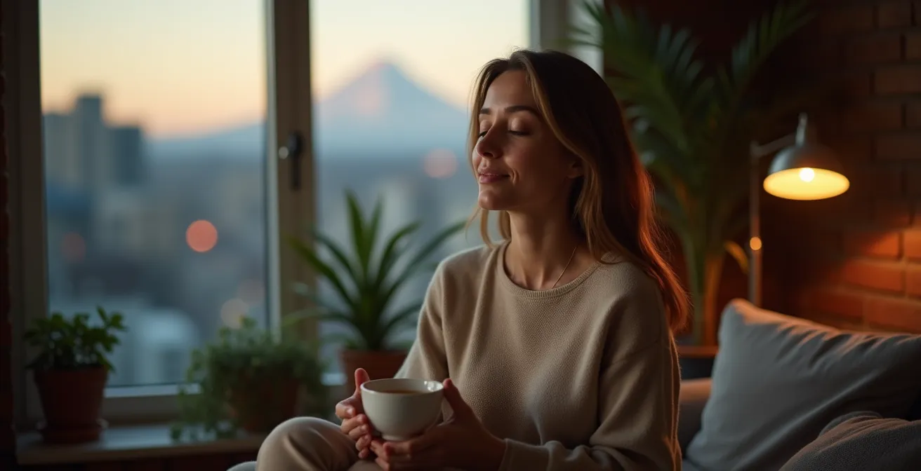 Personne pratiquant la méditation dans un salon québécois chaleureux avec vue sur le Mont-Royal au crépuscule