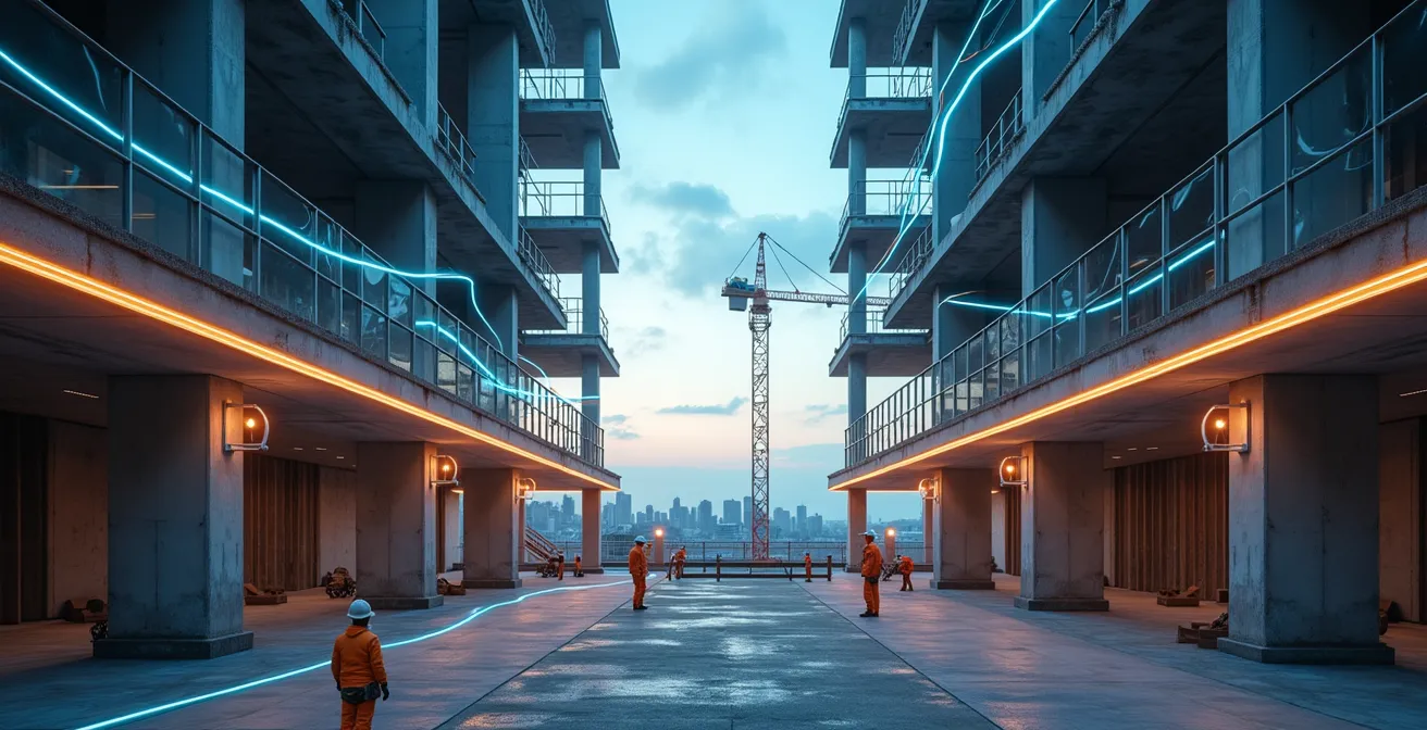 Chantier de construction moderne à Montréal avec visualisation symbolique de flux de paiements automatisés