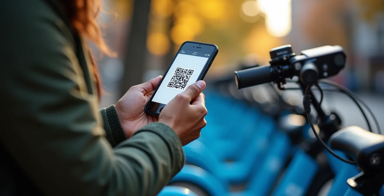 Gros plan sur une main scannant le code QR d'un BIXI électrique bleu dans une station du Plateau Mont-Royal