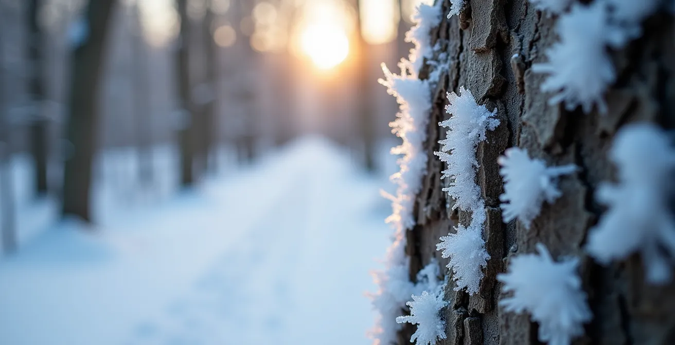 Sentier enneigé traversant une forêt d'érables au Mont-Royal avec la lumière dorée filtrant entre les branches