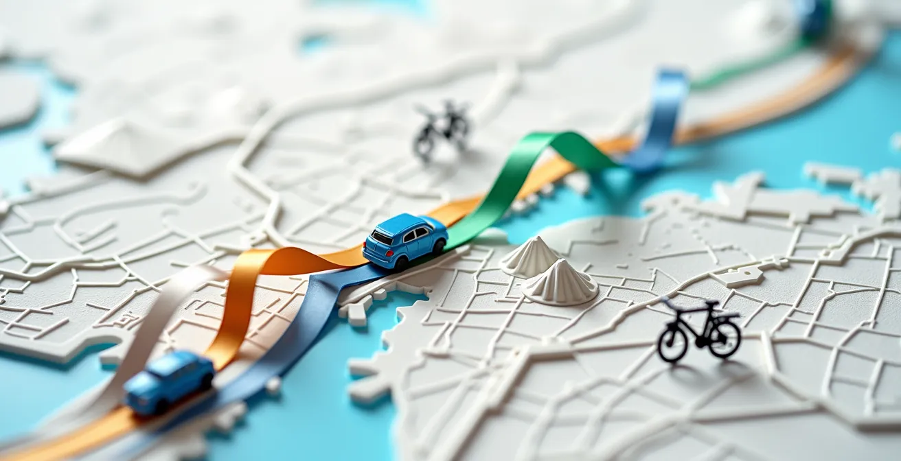 Carte stylisée montrant un parcours multimodal de Brossard au centre-ville avec différents modes de transport interconnectés