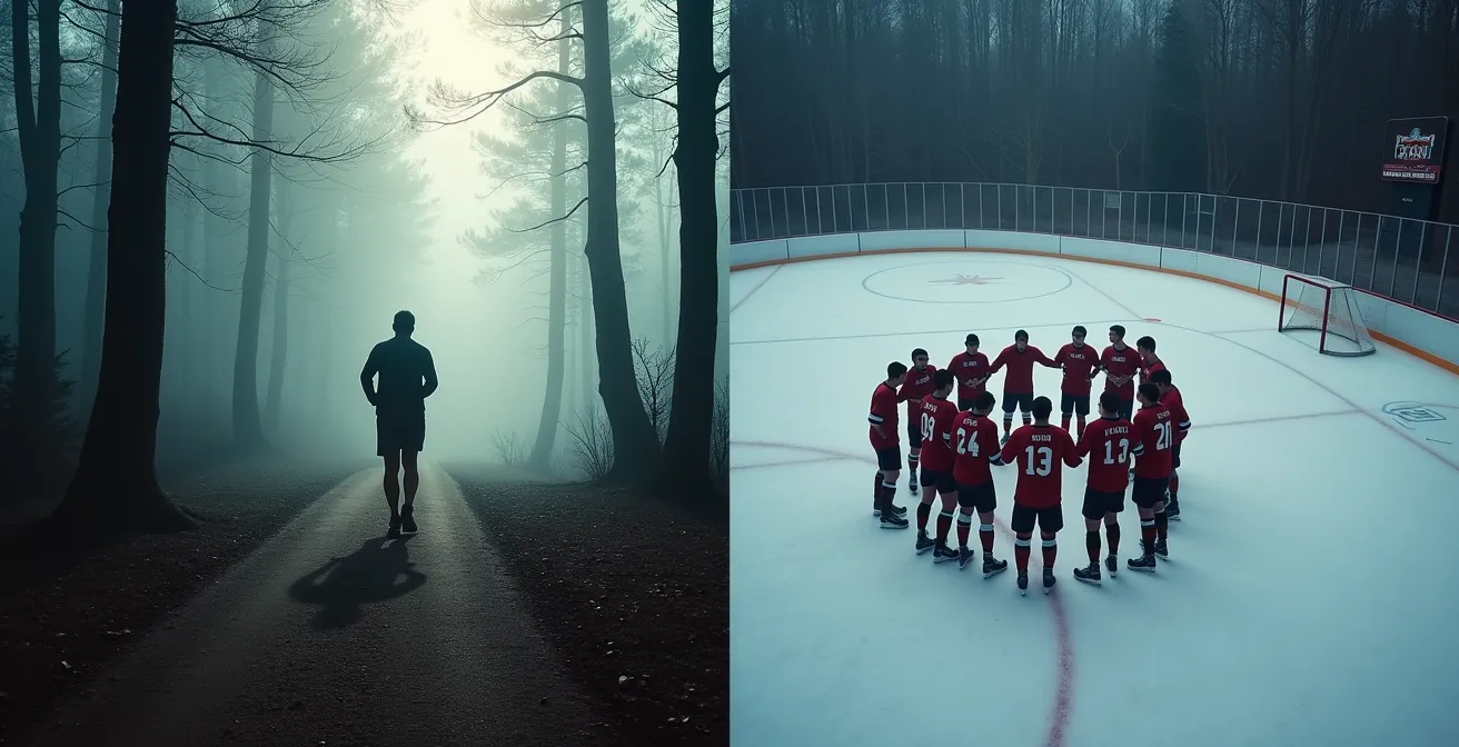 Contraste entre un coureur solitaire sur un sentier forestier et une équipe de hockey sur glace en plein rassemblement.
