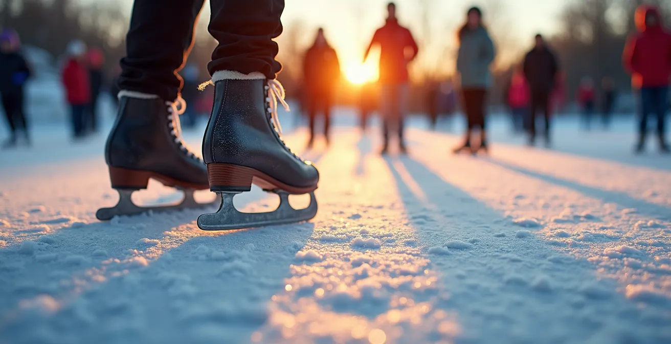 Familles de diverses origines patinant ensemble sur une patinoire extérieure de quartier en hiver